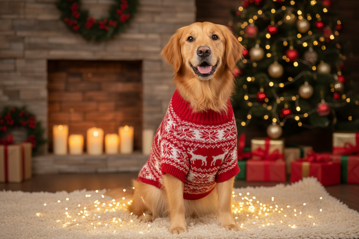 Create a professional photo of a dog wearing a christmas sweater that is red and has this white dear pattern thing on it