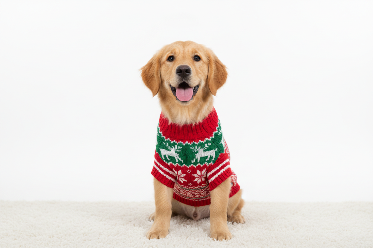 Cute dog in christmas sweater with a mostly white background