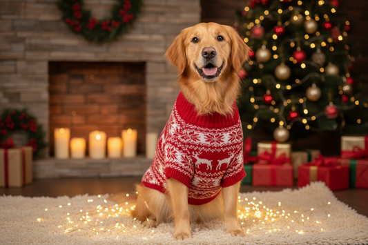 Create a professional photo of a dog wearing a christmas sweater that is red and has this white dear pattern thing on it