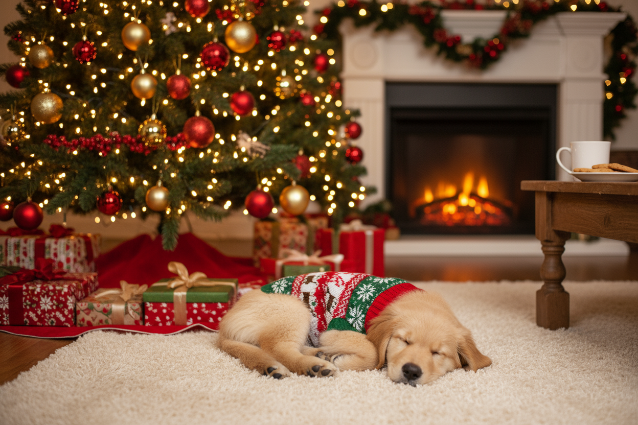 Dog curled up by a Christmas tree in a christmas sweater 